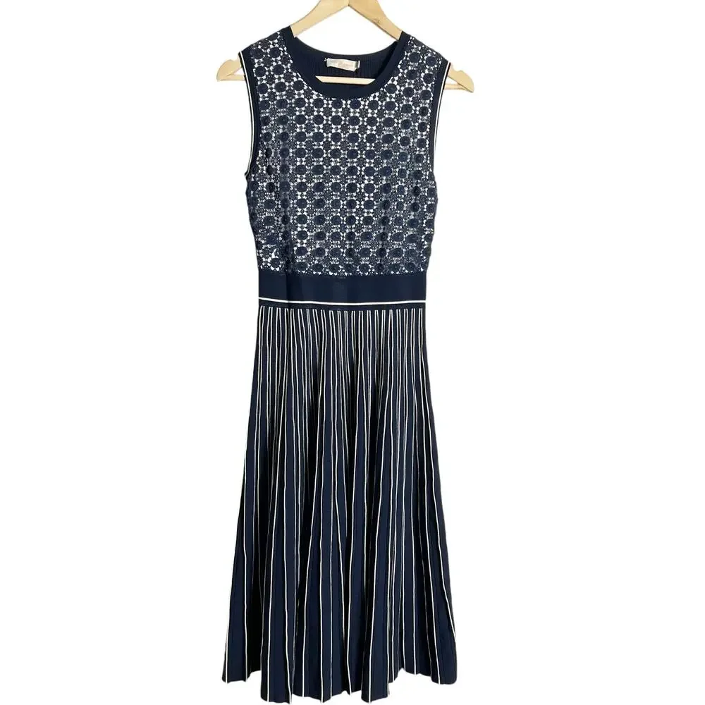 Tory Burch Navy Blue Sleeveless Pleated Knit Crewneck Midi Sweater Dress Size XS